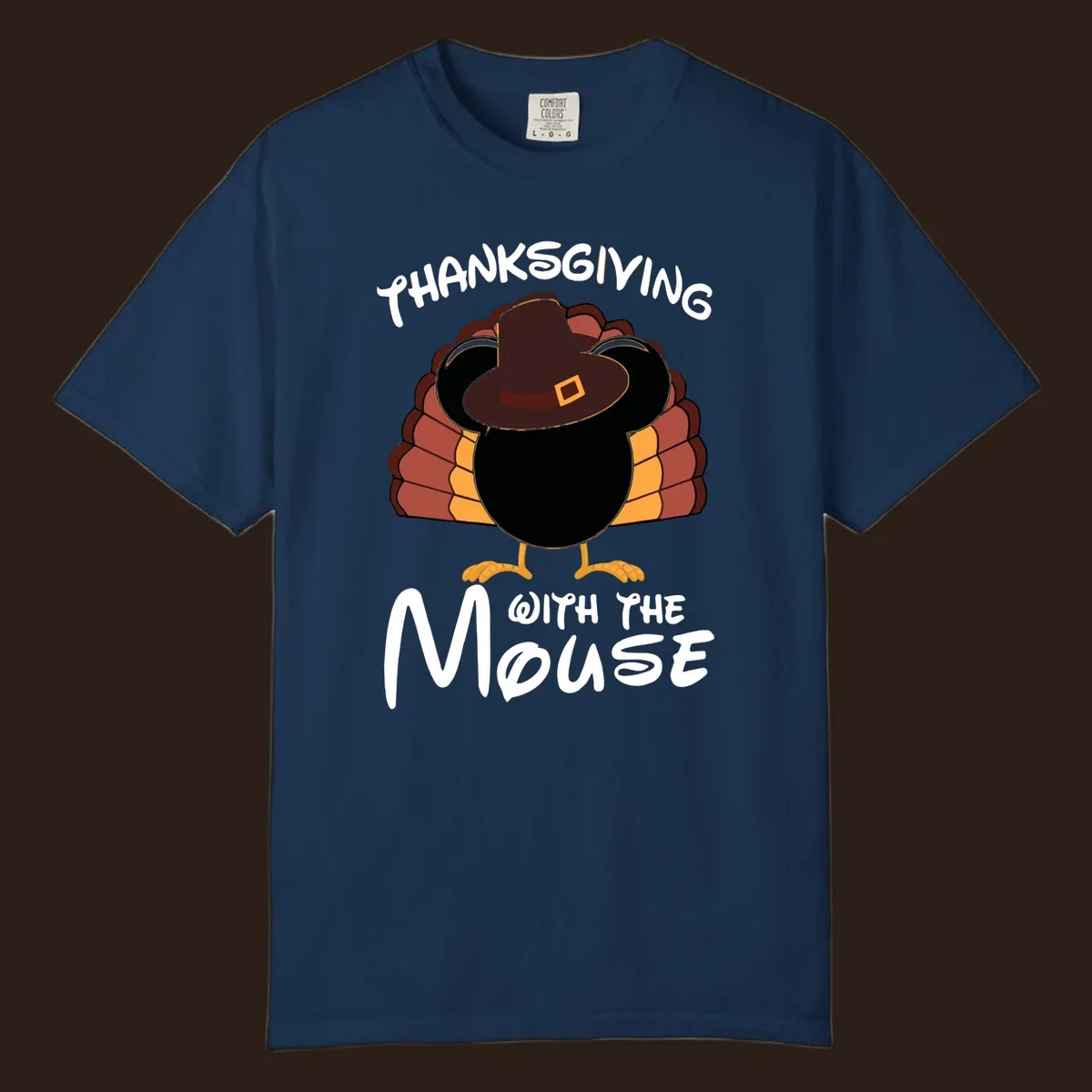 Thanksgiving with the mouse turkey design featuring a cartoon turkey in a pilgrim hat.