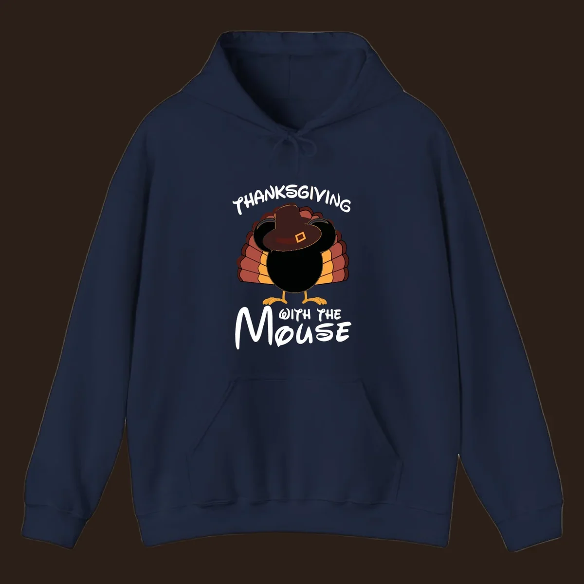 Thanksgiving with the mouse turkey design featuring a cartoon turkey in a pilgrim hat.