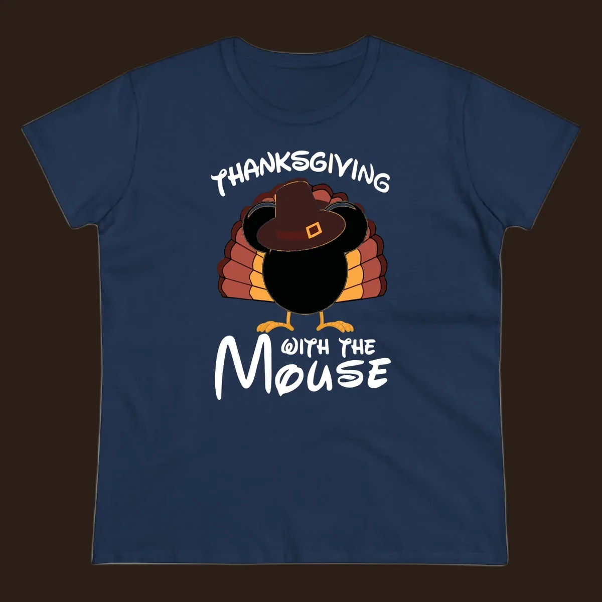 Thanksgiving with the mouse turkey design featuring a cartoon turkey in a pilgrim hat.