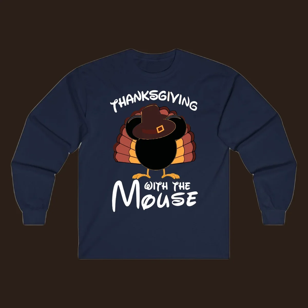 Thanksgiving with the mouse turkey design featuring a cartoon turkey in a pilgrim hat.
