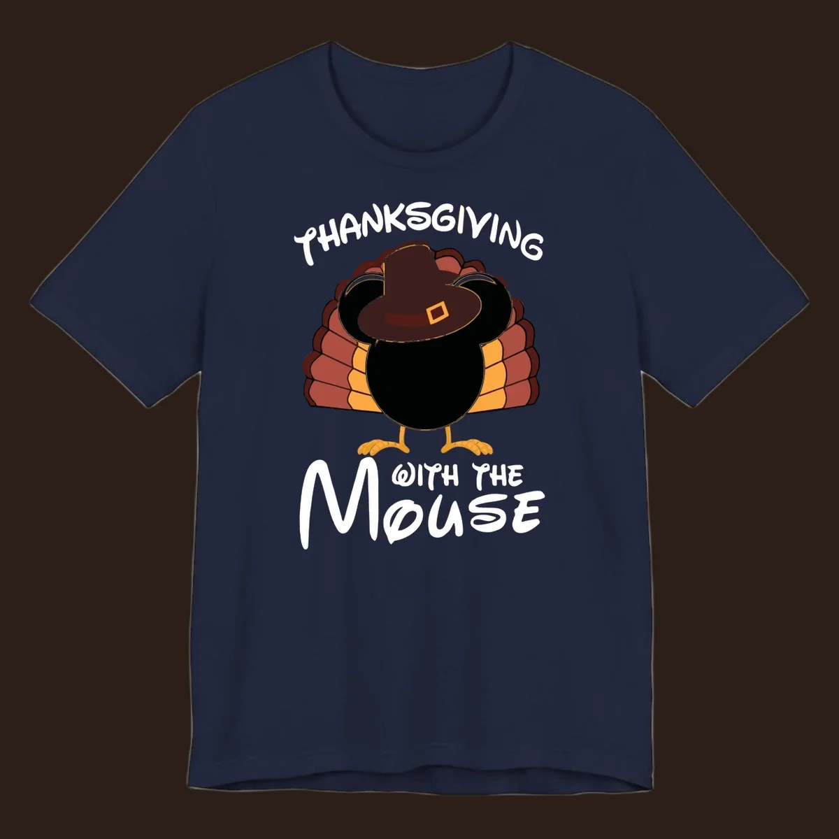Thanksgiving with the mouse turkey design featuring a cartoon turkey in a pilgrim hat.