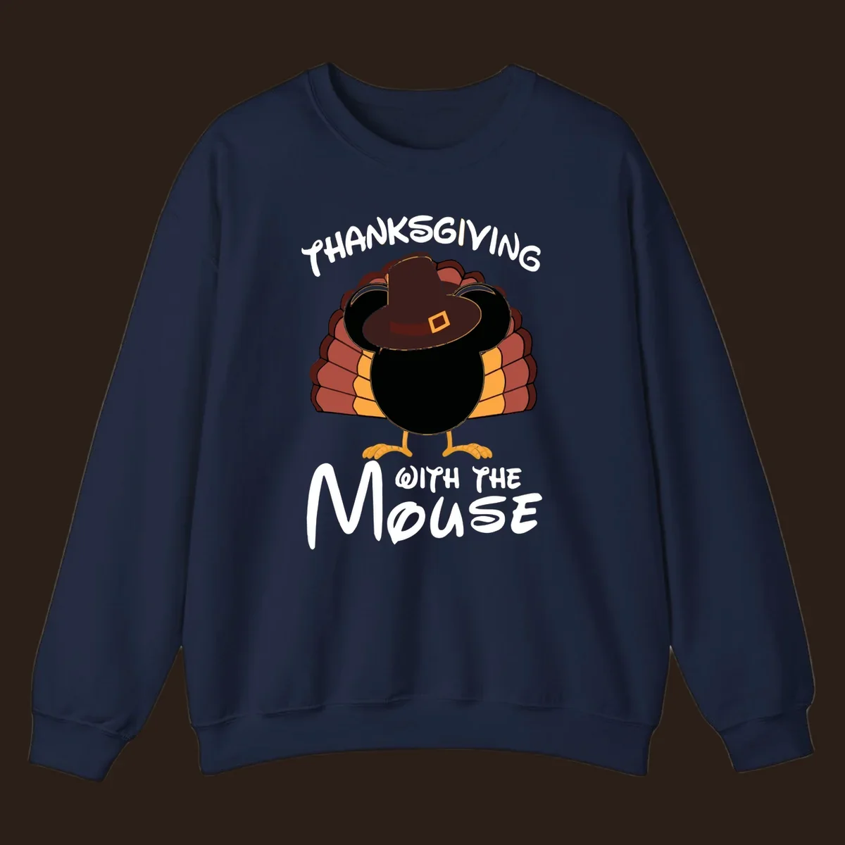Thanksgiving with the mouse turkey design featuring a cartoon turkey in a pilgrim hat.