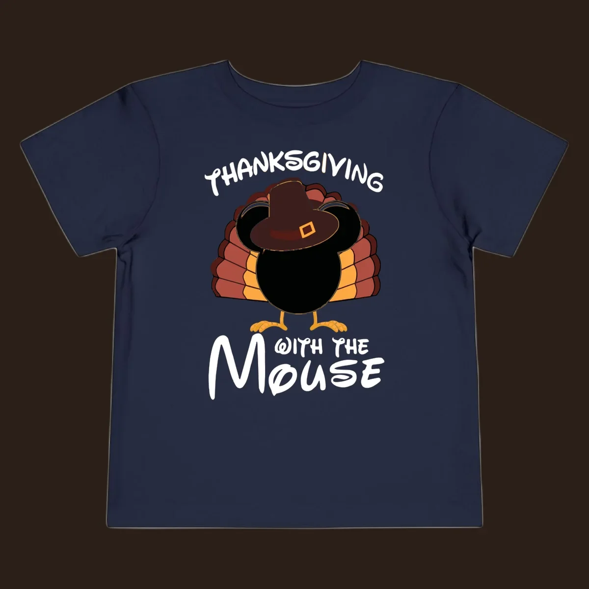 Thanksgiving with the mouse turkey design featuring a cartoon turkey in a pilgrim hat.