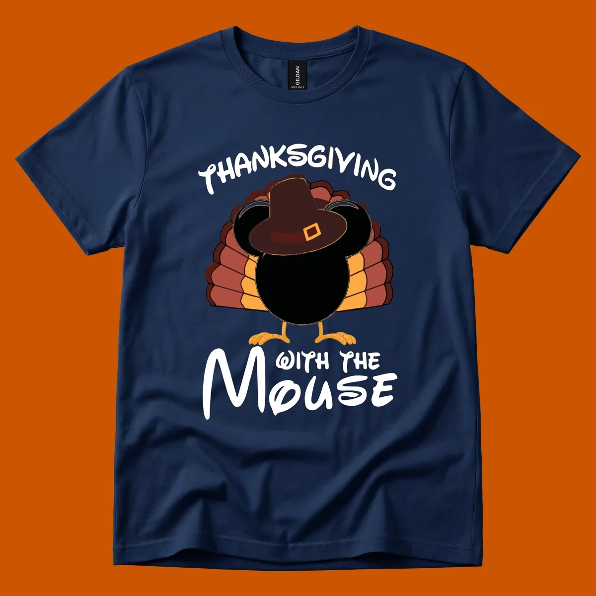 Thanksgiving with the mouse turkey design featuring a cartoon turkey in a pilgrim hat.