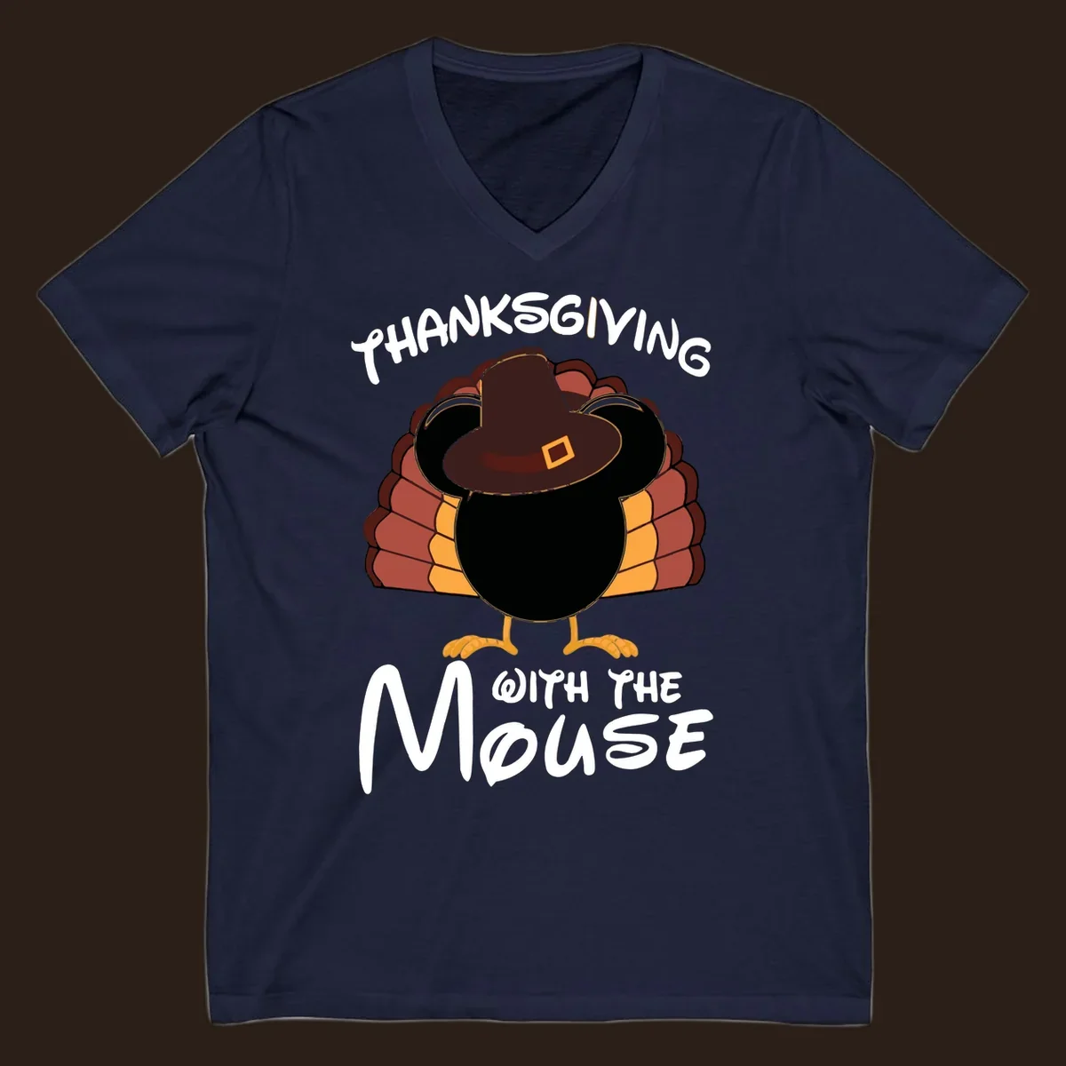 Thanksgiving with the mouse turkey design featuring a cartoon turkey in a pilgrim hat.