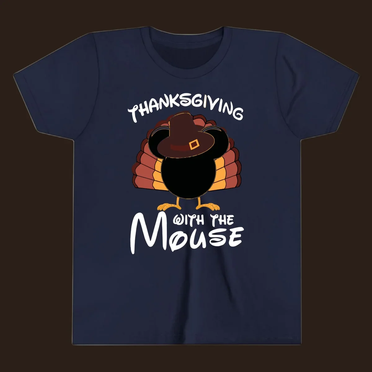 Thanksgiving with the mouse turkey design featuring a cartoon turkey in a pilgrim hat.