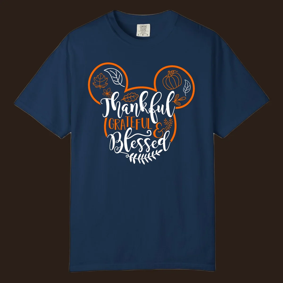 Thanksgiving Mickey Mouse head design with text Thankful GRATEFUL & Blessed and fall icons.