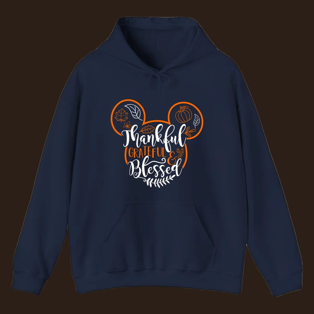 Thanksgiving Mickey Mouse head design with text Thankful GRATEFUL & Blessed and fall icons.