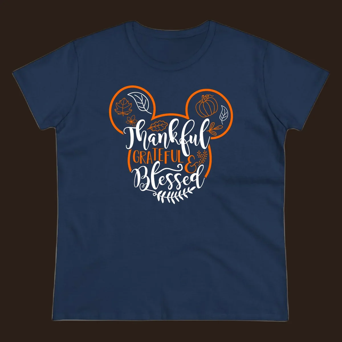 Thanksgiving Mickey Mouse head design with text Thankful GRATEFUL & Blessed and fall icons.