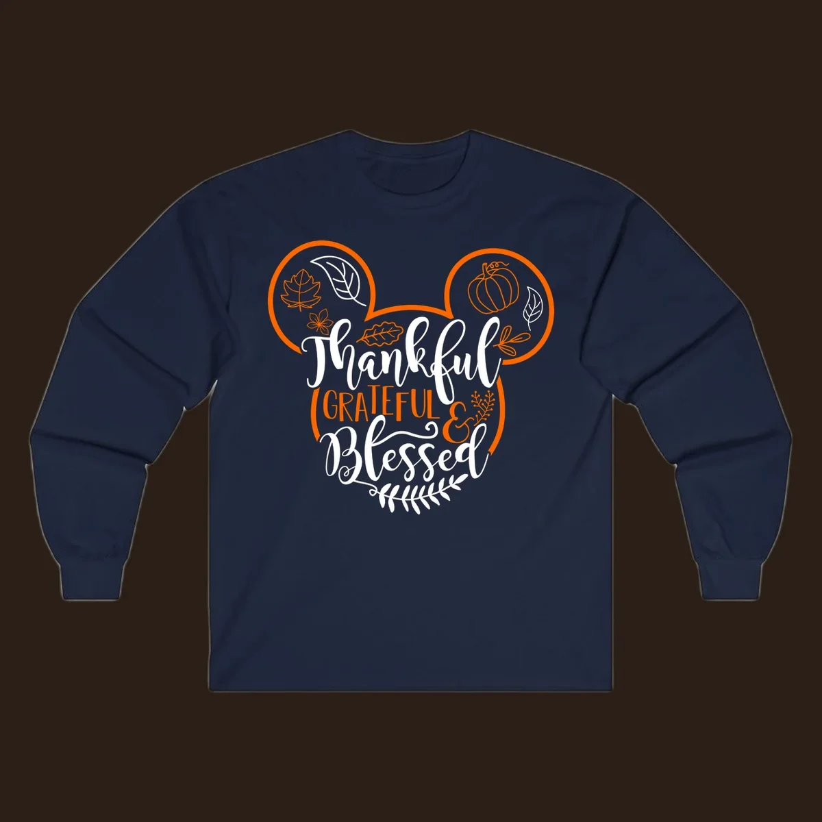 Thanksgiving Mickey Mouse head design with text Thankful GRATEFUL & Blessed and fall icons.