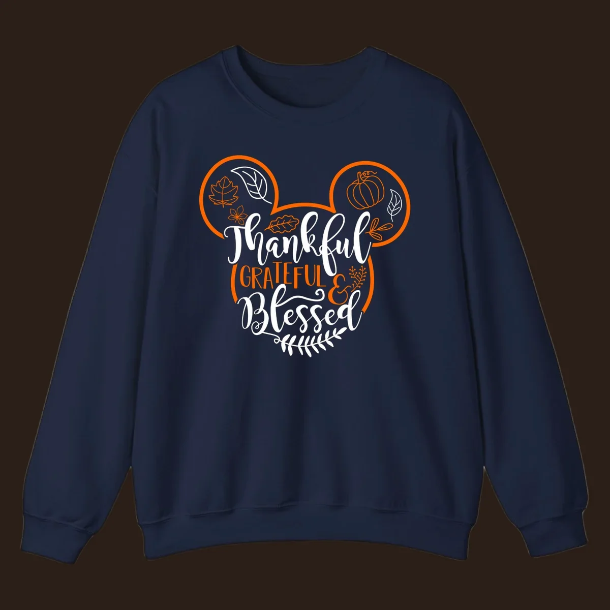 Thanksgiving Mickey Mouse head design with text Thankful GRATEFUL & Blessed and fall icons.