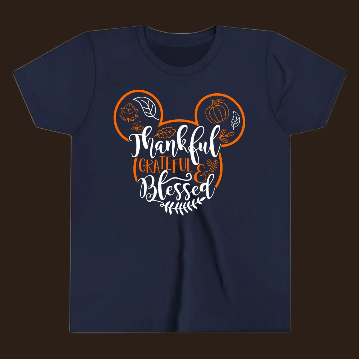 Thanksgiving Mickey Mouse head design with text Thankful GRATEFUL & Blessed and fall icons.