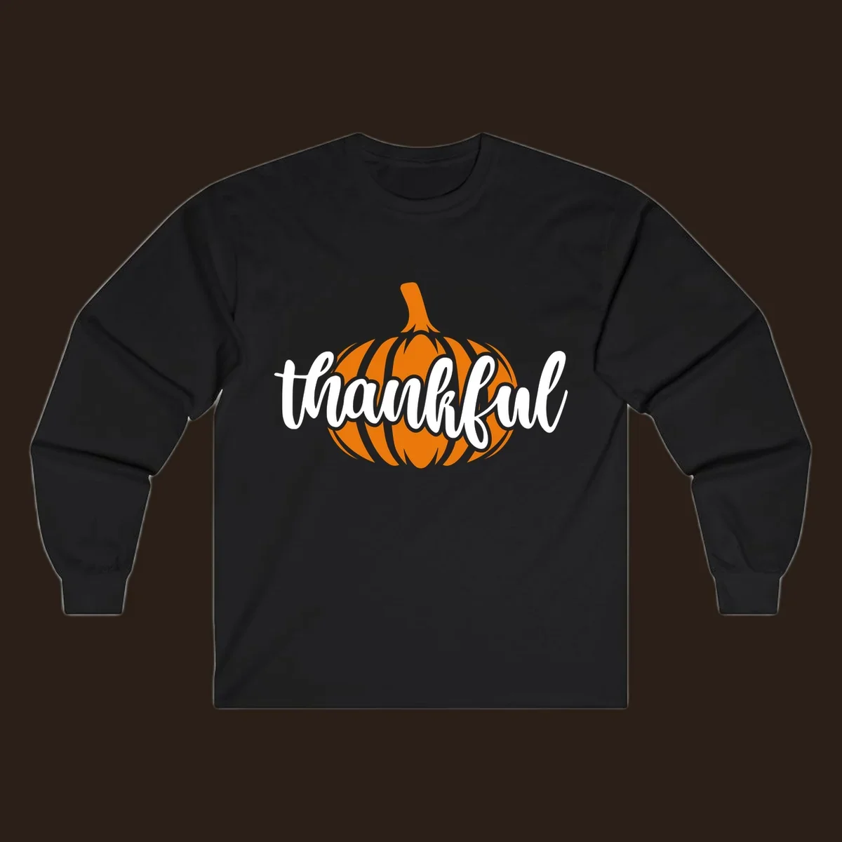 Fall thankful pumpkin script text graphic tee shirt design.