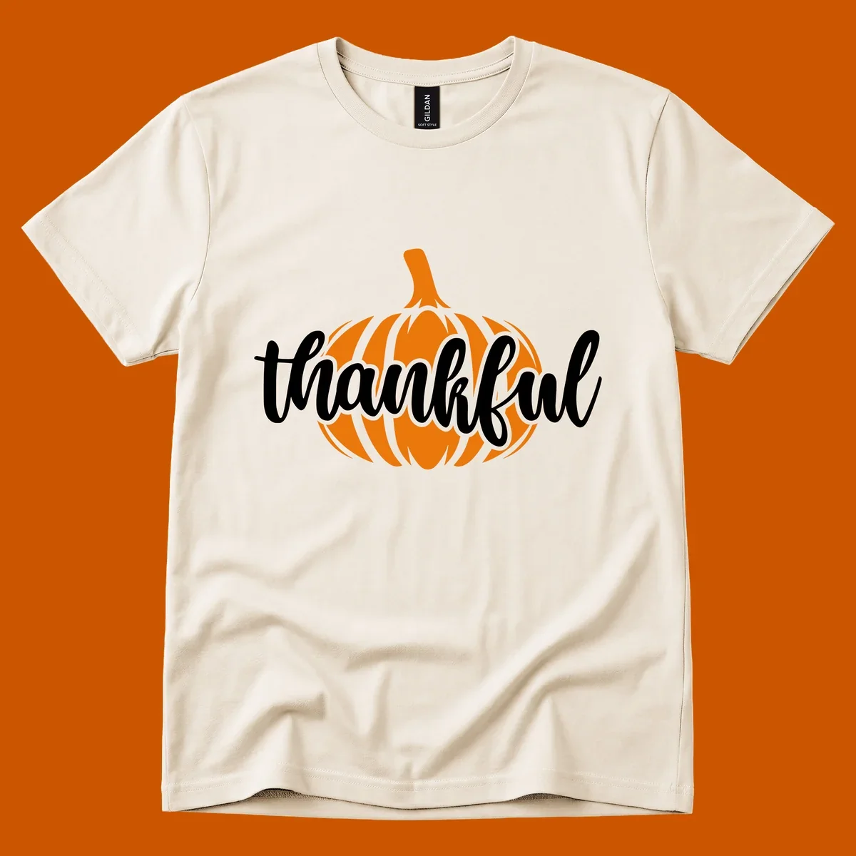 Fall thankful pumpkin script text graphic tee shirt design.