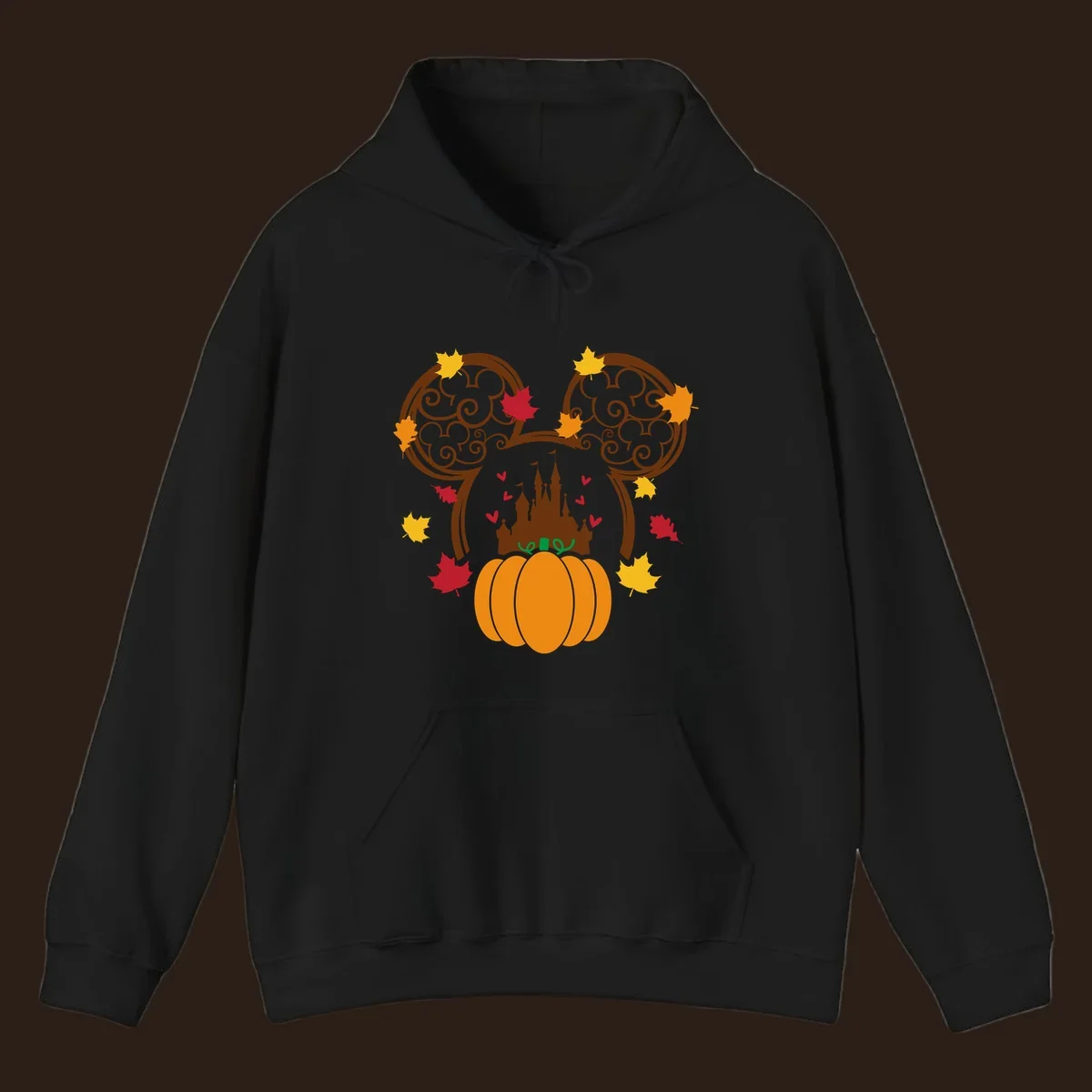 Disney fall pumpkin castle Mickey ears design with autumn leaves.