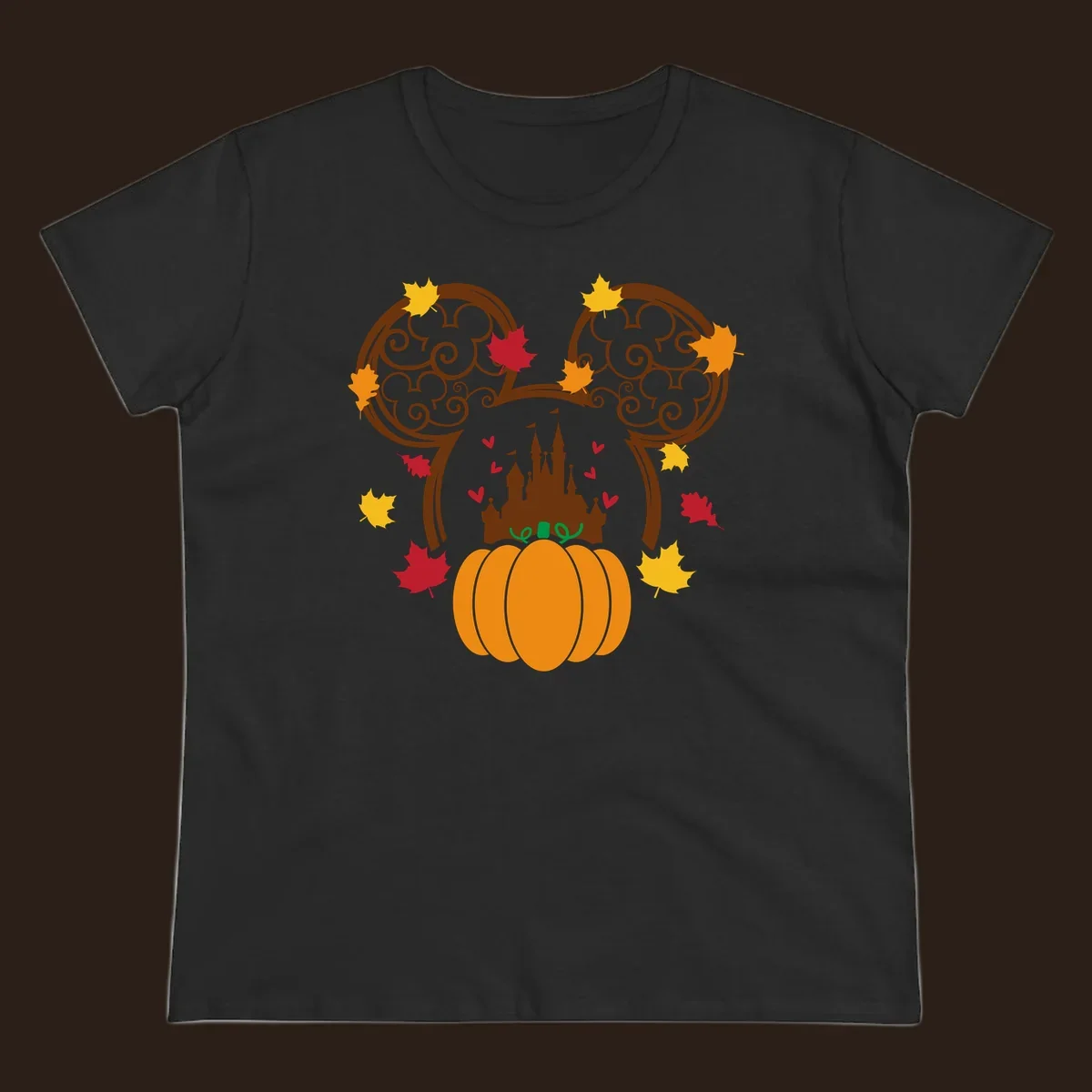 Disney fall pumpkin castle Mickey ears design with autumn leaves.
