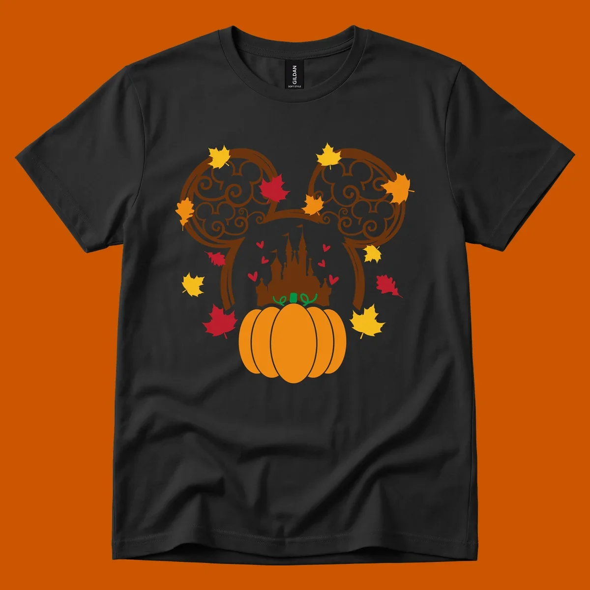 Disney fall pumpkin castle Mickey ears design with autumn leaves.
