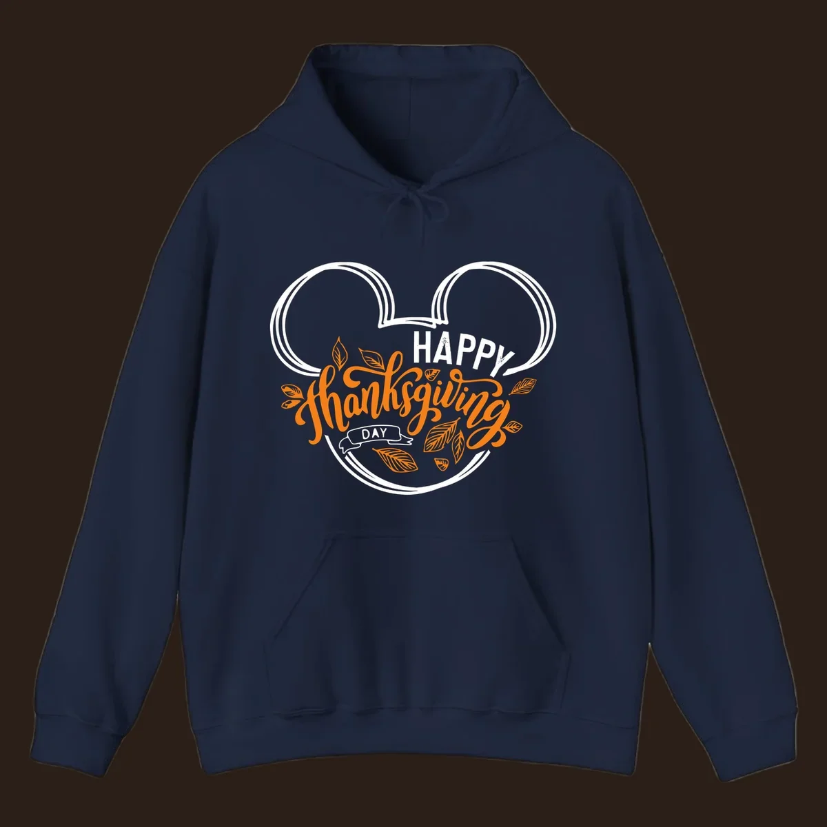 Happy Thanksgiving Day text with Mickey Mouse ears and fall leaves.