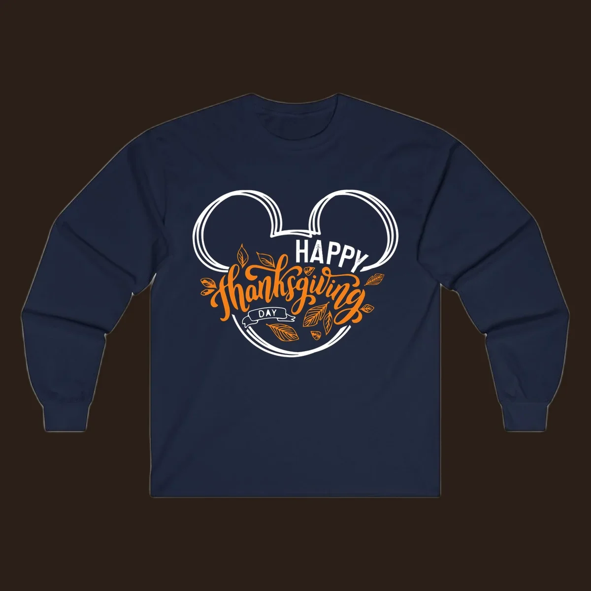 Happy Thanksgiving Day text with Mickey Mouse ears and fall leaves.