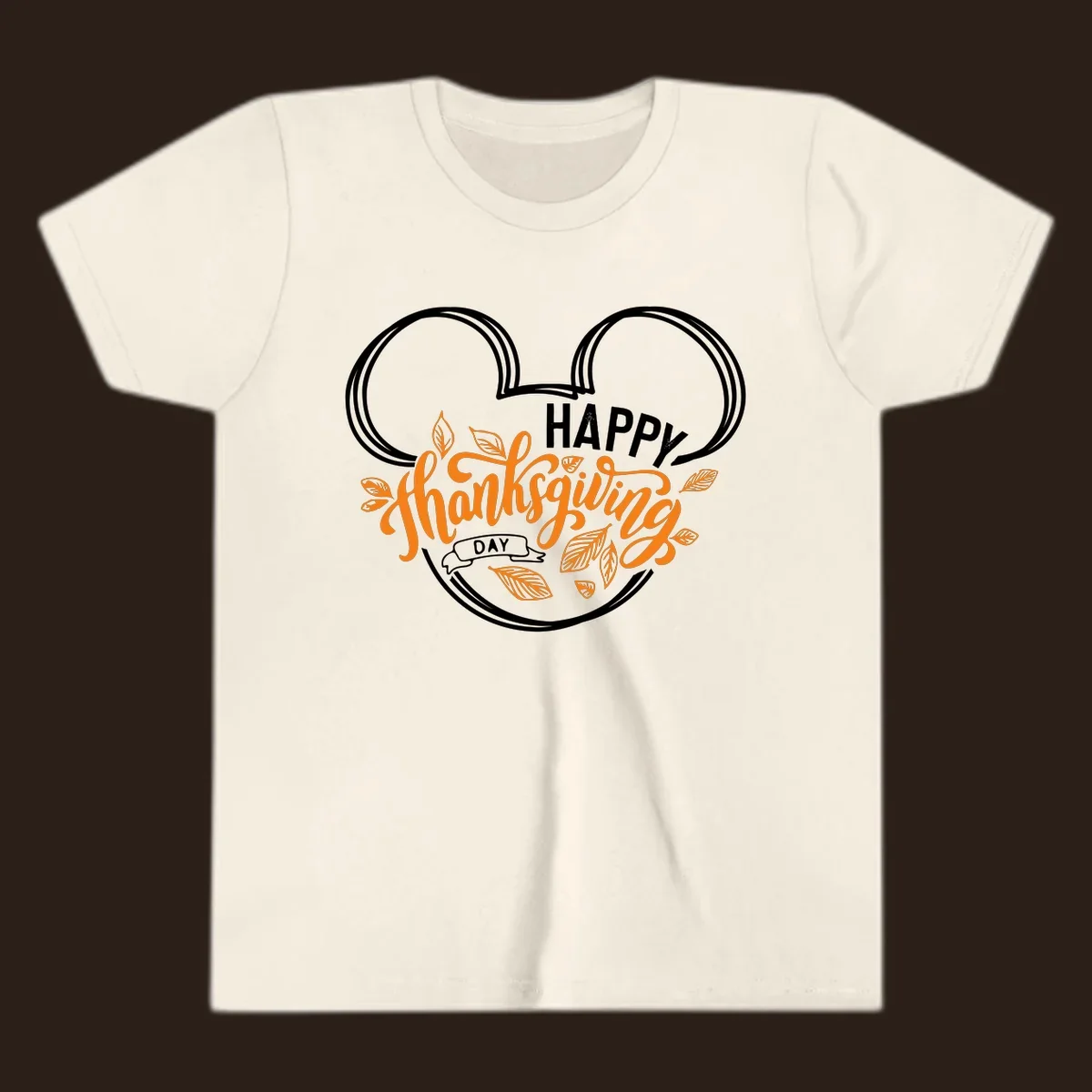 Happy Thanksgiving Day text with Mickey Mouse ears and fall leaves.