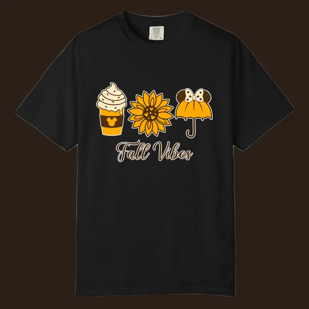 Fall Vibes design with Mickey Mouse themed coffee, sunflower, and umbrella.