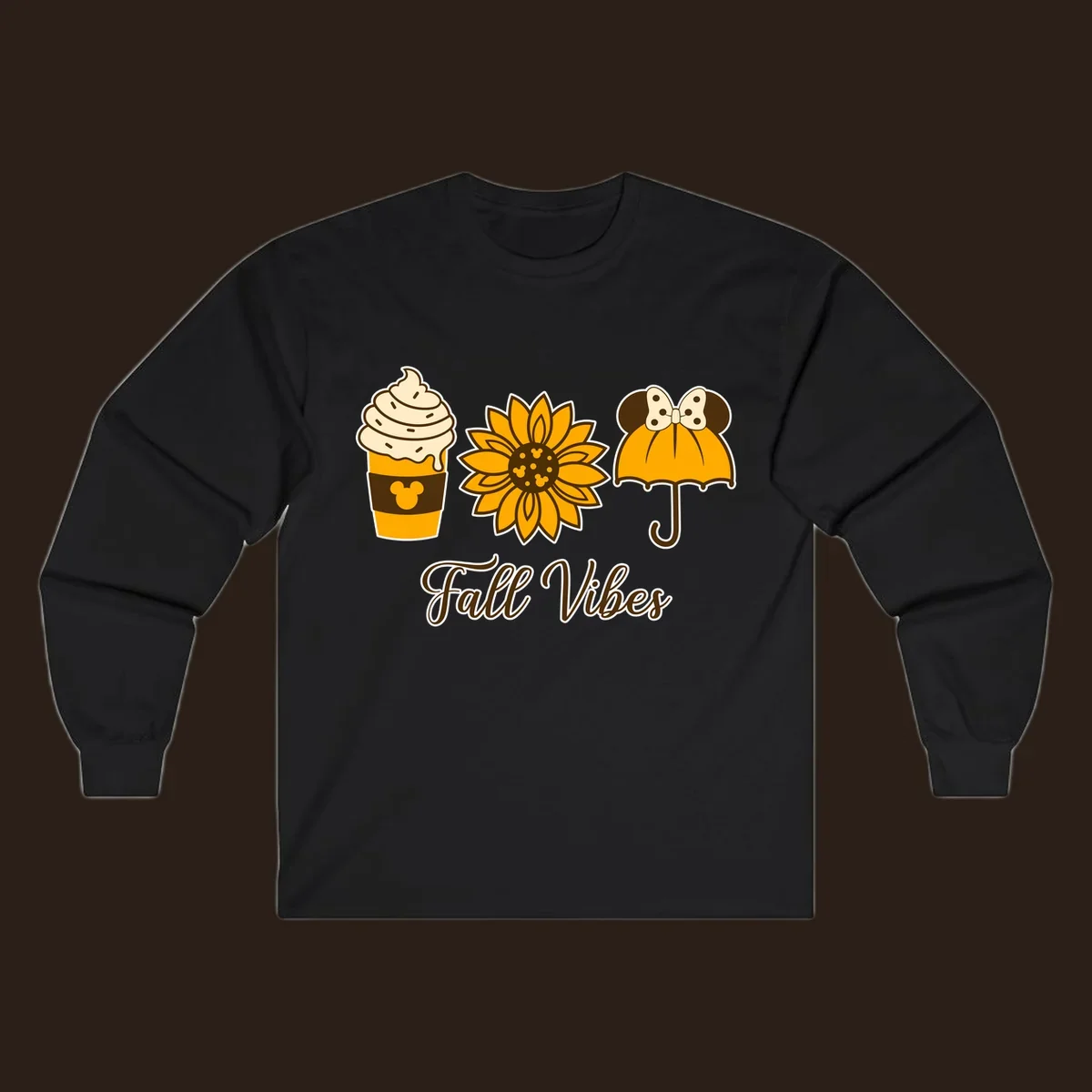 Fall Vibes design with Mickey Mouse themed coffee, sunflower, and umbrella.