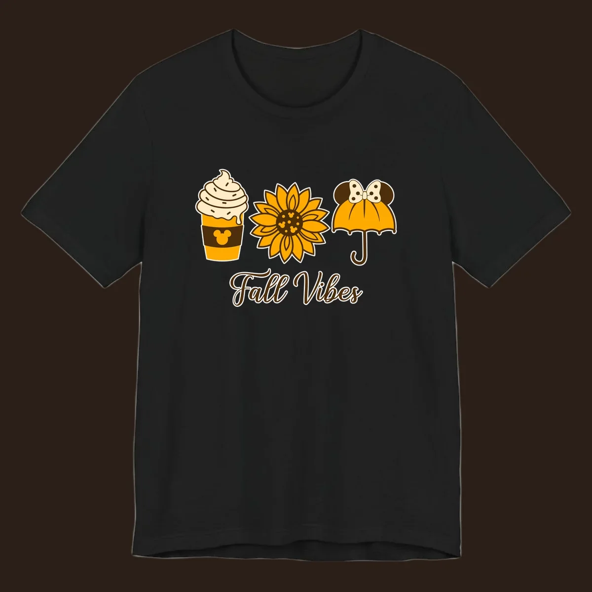 Fall Vibes design with Mickey Mouse themed coffee, sunflower, and umbrella.