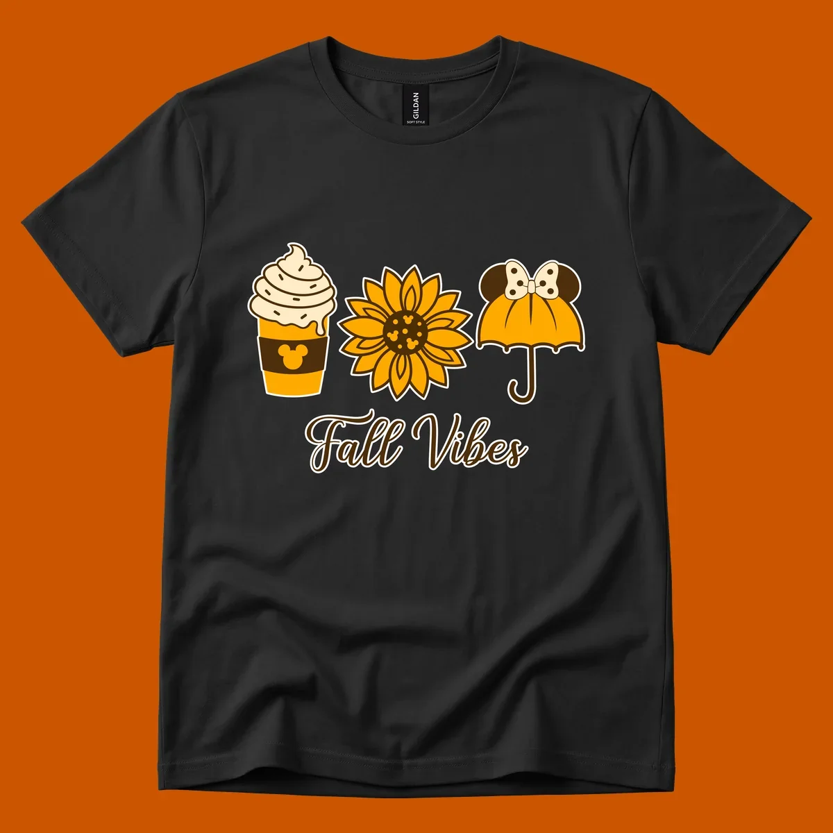 Fall Vibes design with Mickey Mouse themed coffee, sunflower, and umbrella.