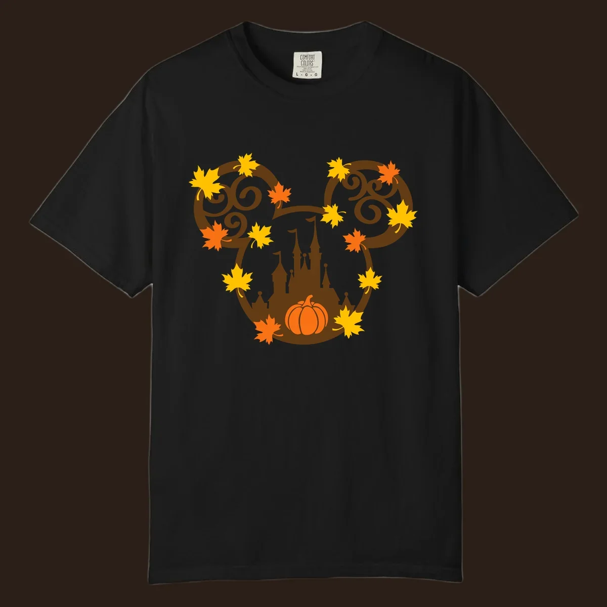 Autumn mickey castle graphic with pumpkin and maple leaves.