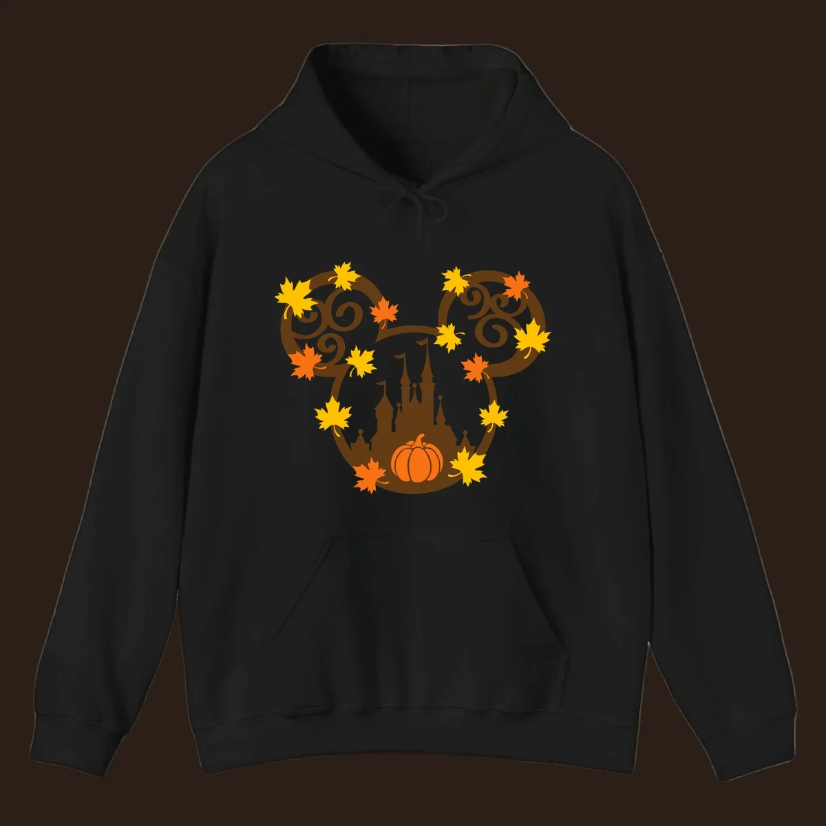 Autumn mickey castle graphic with pumpkin and maple leaves.