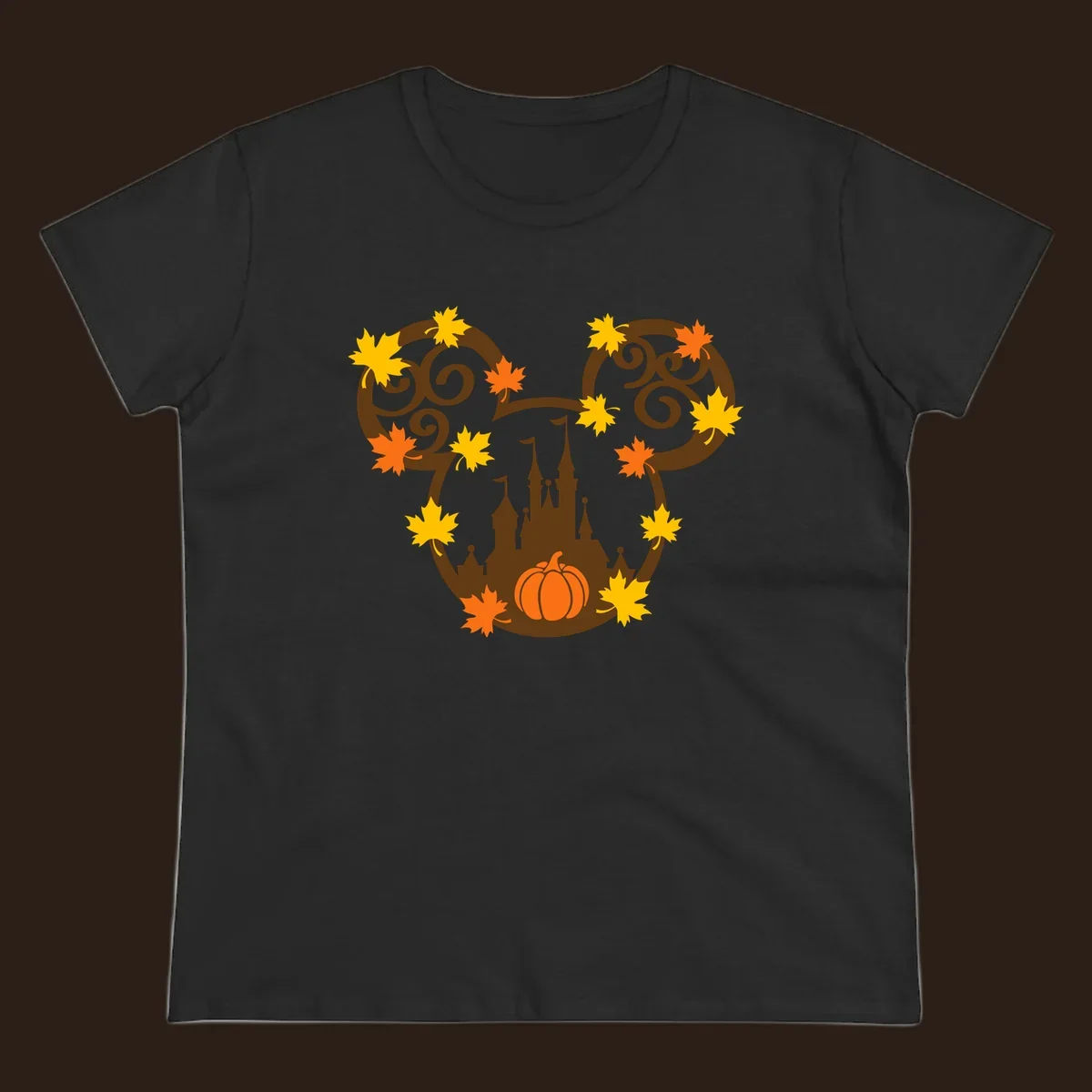 Autumn mickey castle graphic with pumpkin and maple leaves.