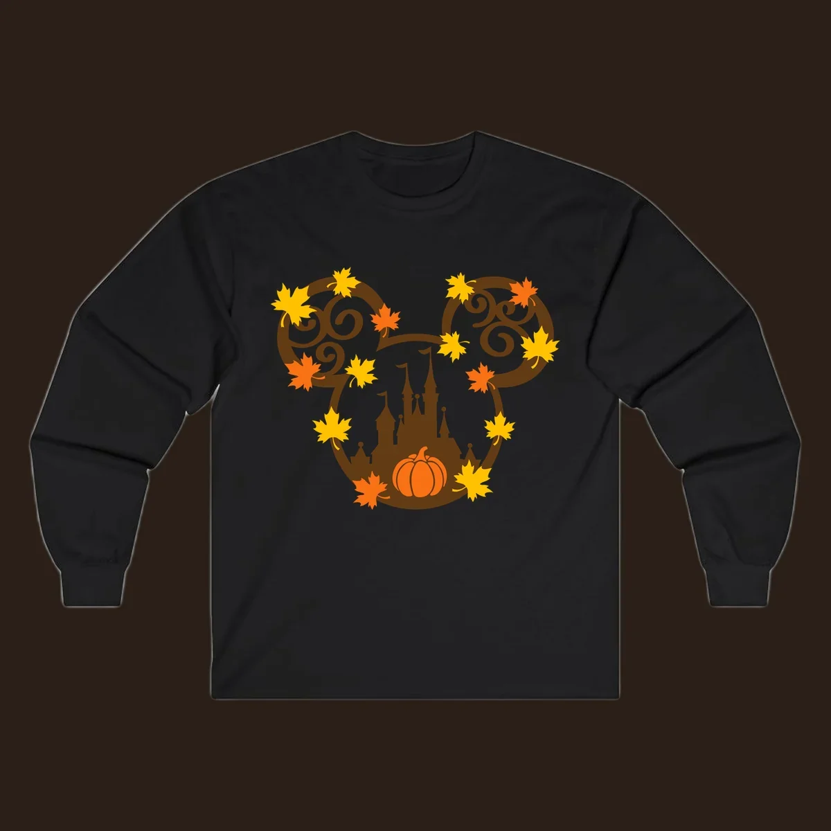 Autumn mickey castle graphic with pumpkin and maple leaves.