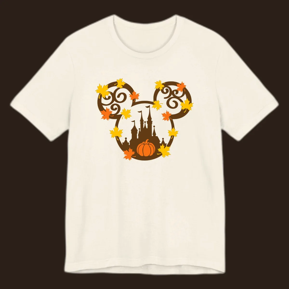 Autumn mickey castle graphic with pumpkin and maple leaves.