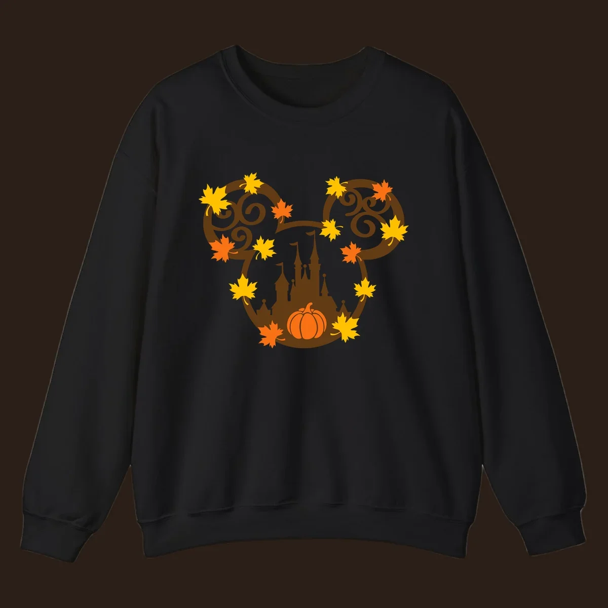 Autumn mickey castle graphic with pumpkin and maple leaves.