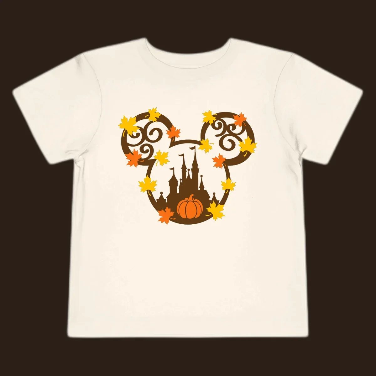 Autumn mickey castle graphic with pumpkin and maple leaves.