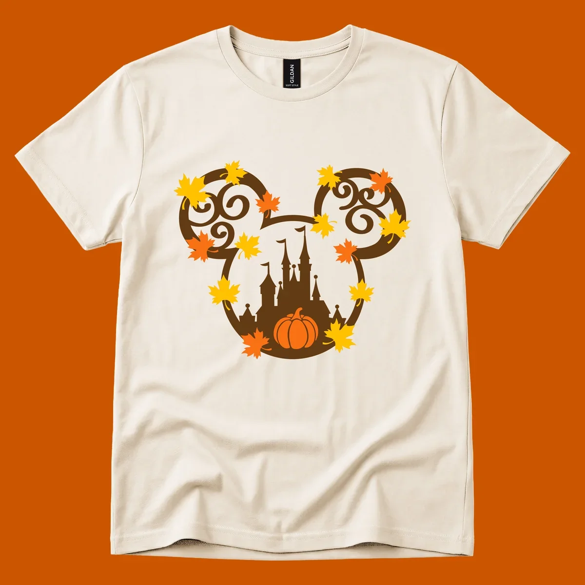 Autumn mickey castle graphic with pumpkin and maple leaves.