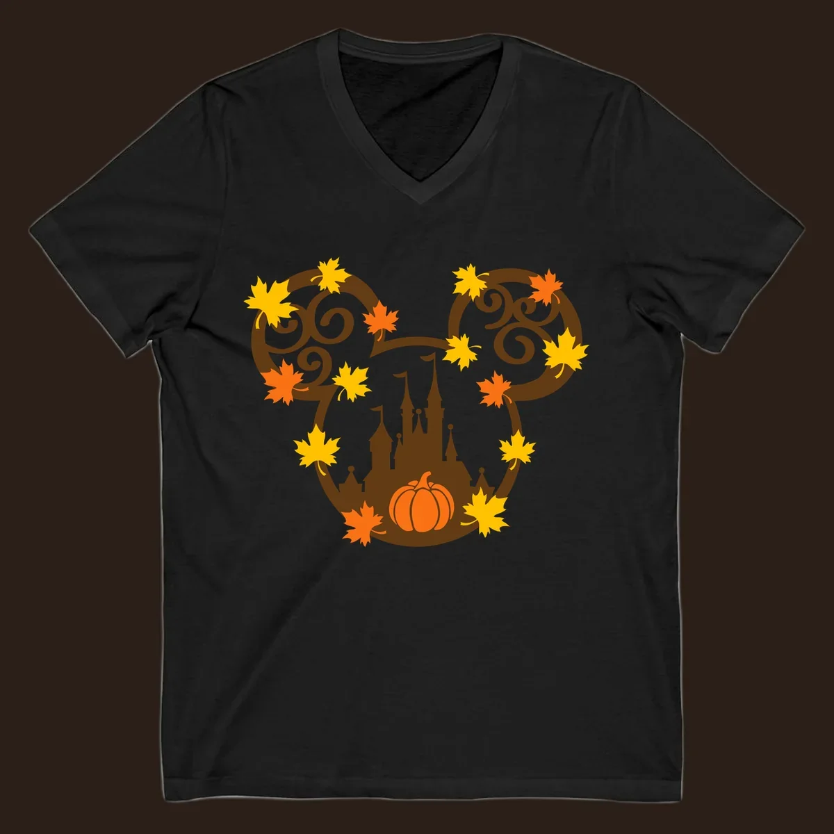 Autumn mickey castle graphic with pumpkin and maple leaves.