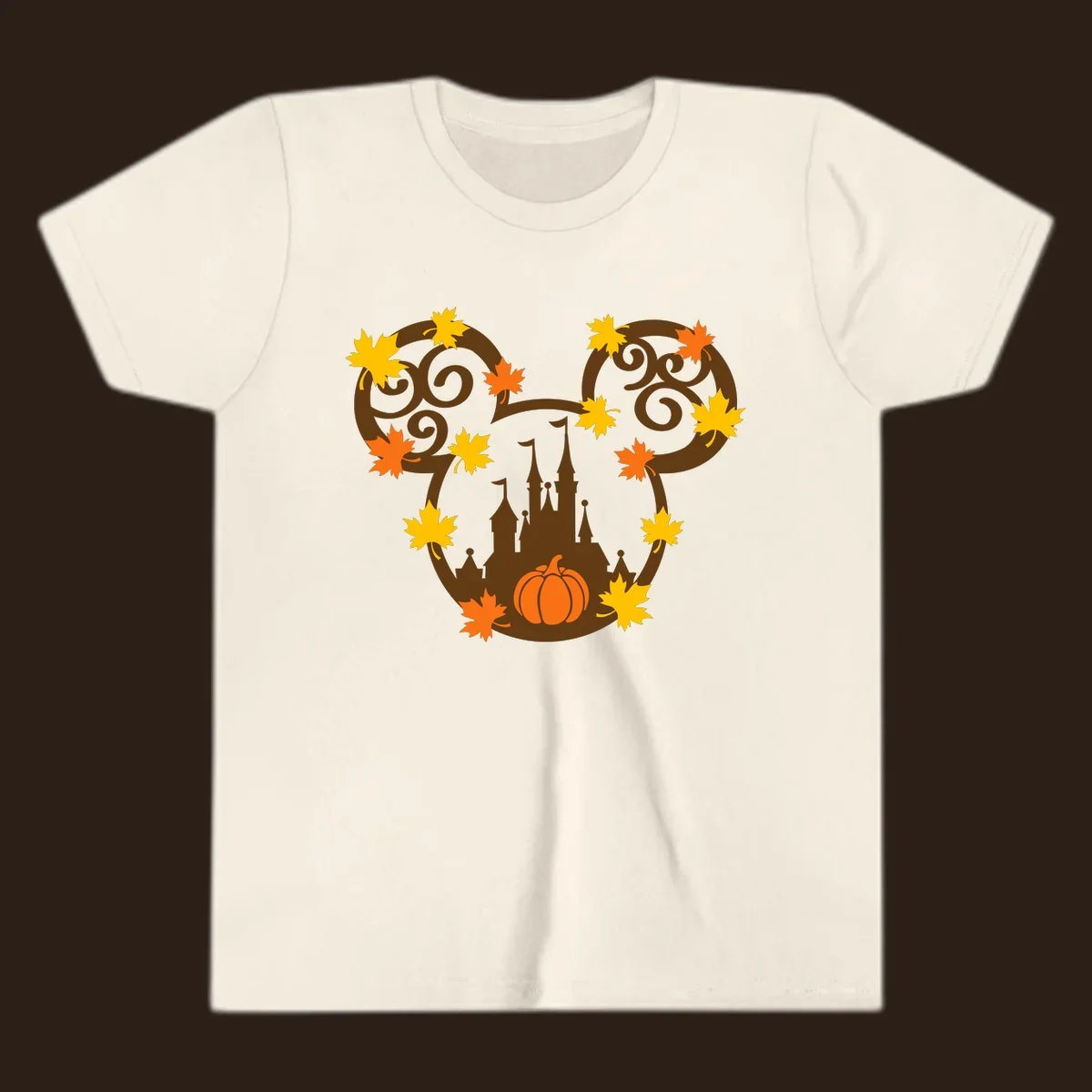 Autumn mickey castle graphic with pumpkin and maple leaves.
