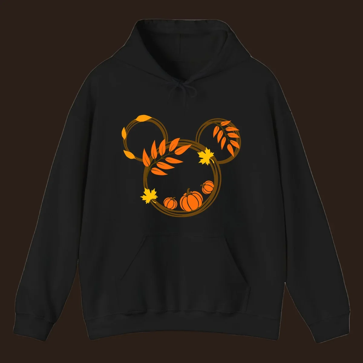 Mickey autumn leaves and pumpkins graphic with branches and pumpkins.