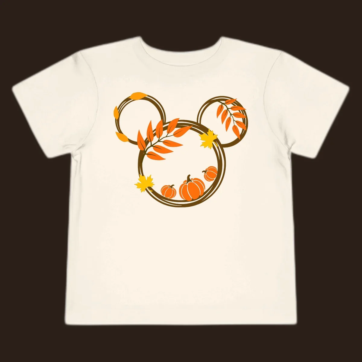 Mickey autumn leaves and pumpkins graphic with branches and pumpkins.