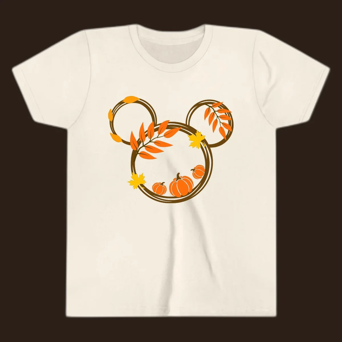 Mickey autumn leaves and pumpkins graphic with branches and pumpkins.