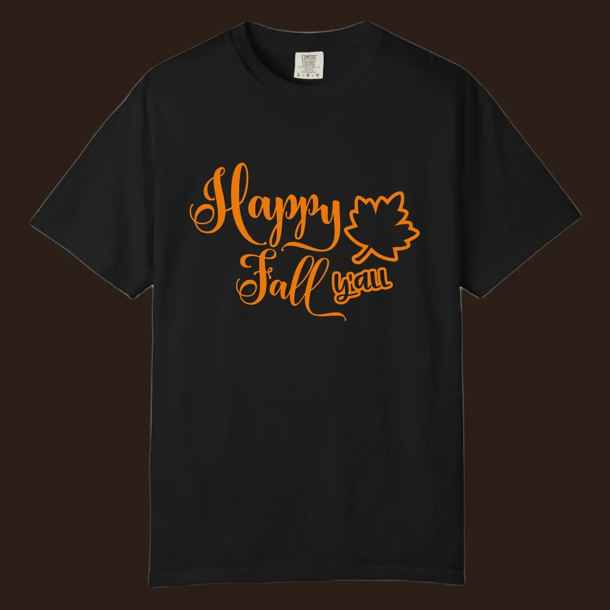 Happy Fall y'all text with autumn leaf outline for Thanksgiving shirts.