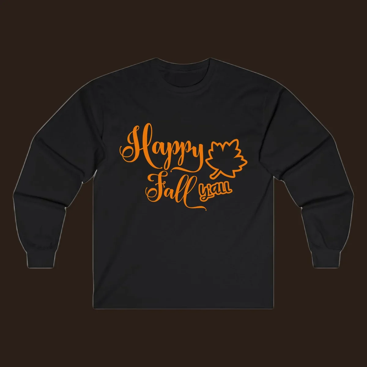 Happy Fall y'all text with autumn leaf outline for Thanksgiving shirts.