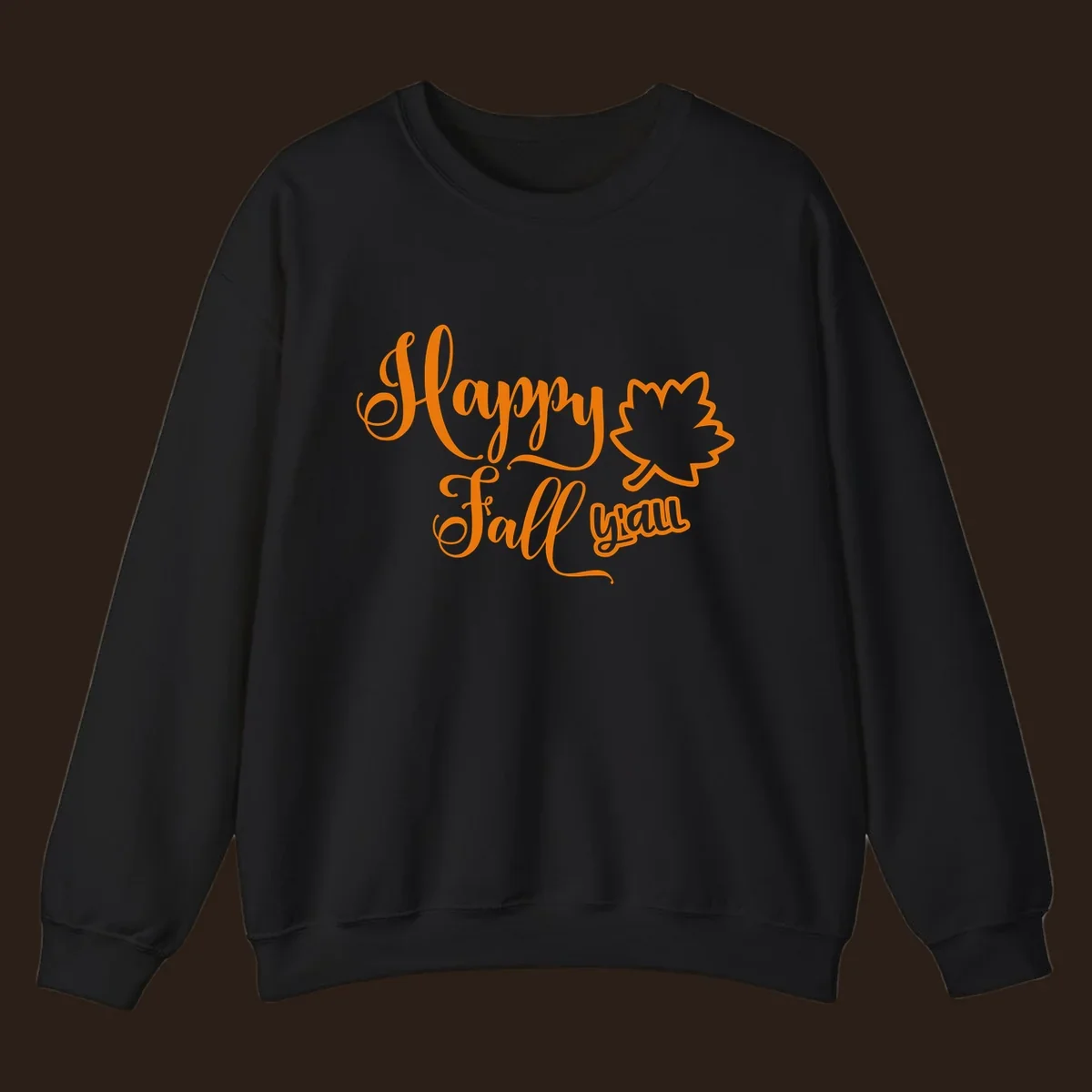 Happy Fall y'all text with autumn leaf outline for Thanksgiving shirts.