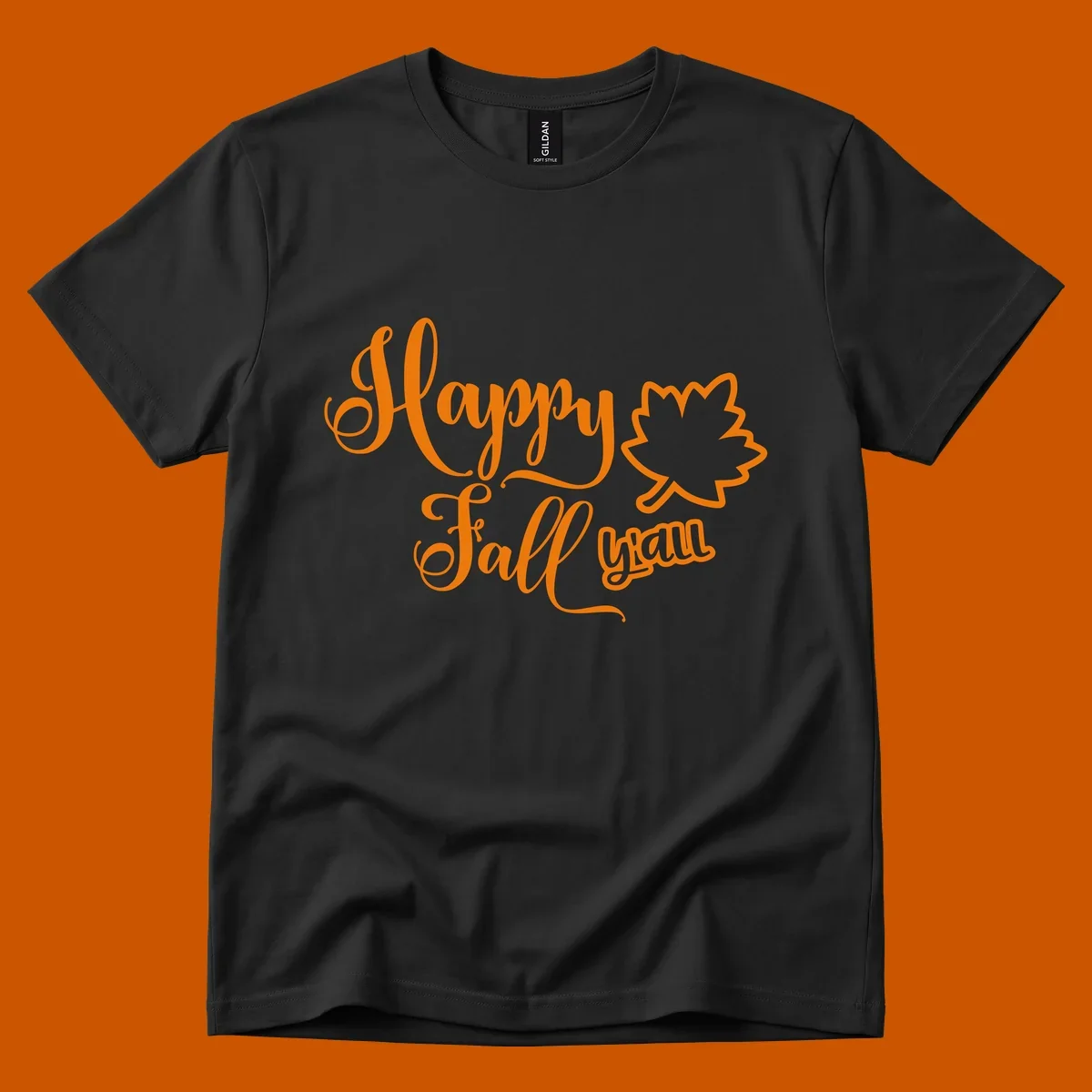 Happy Fall y'all text with autumn leaf outline for Thanksgiving shirts.