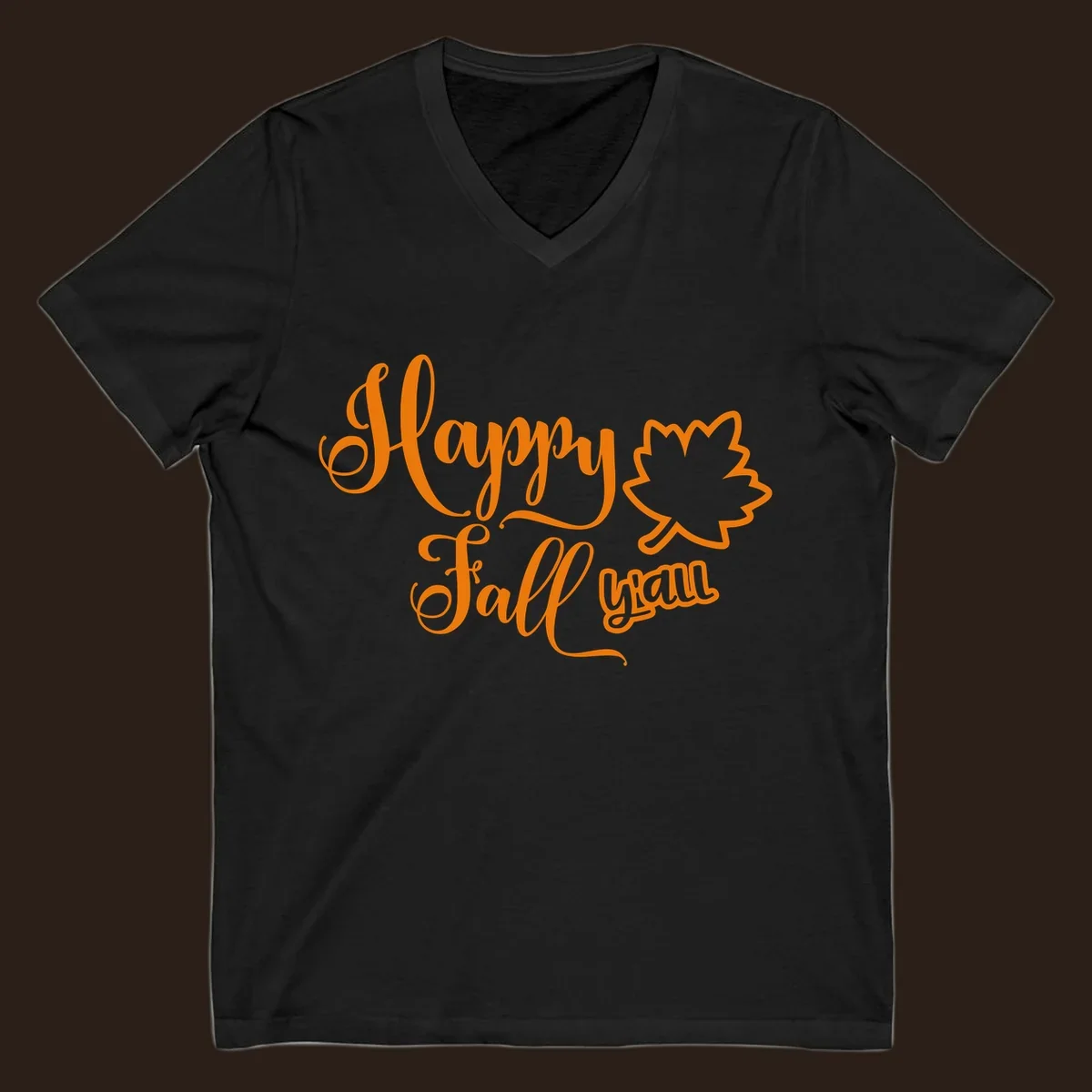 Happy Fall y'all text with autumn leaf outline for Thanksgiving shirts.