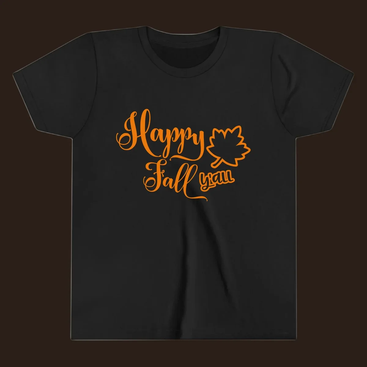 Happy Fall y'all text with autumn leaf outline for Thanksgiving shirts.