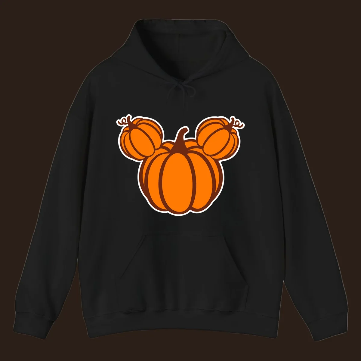 Mickey pumpkin head graphic with orange pumpkins and brown outlines.
