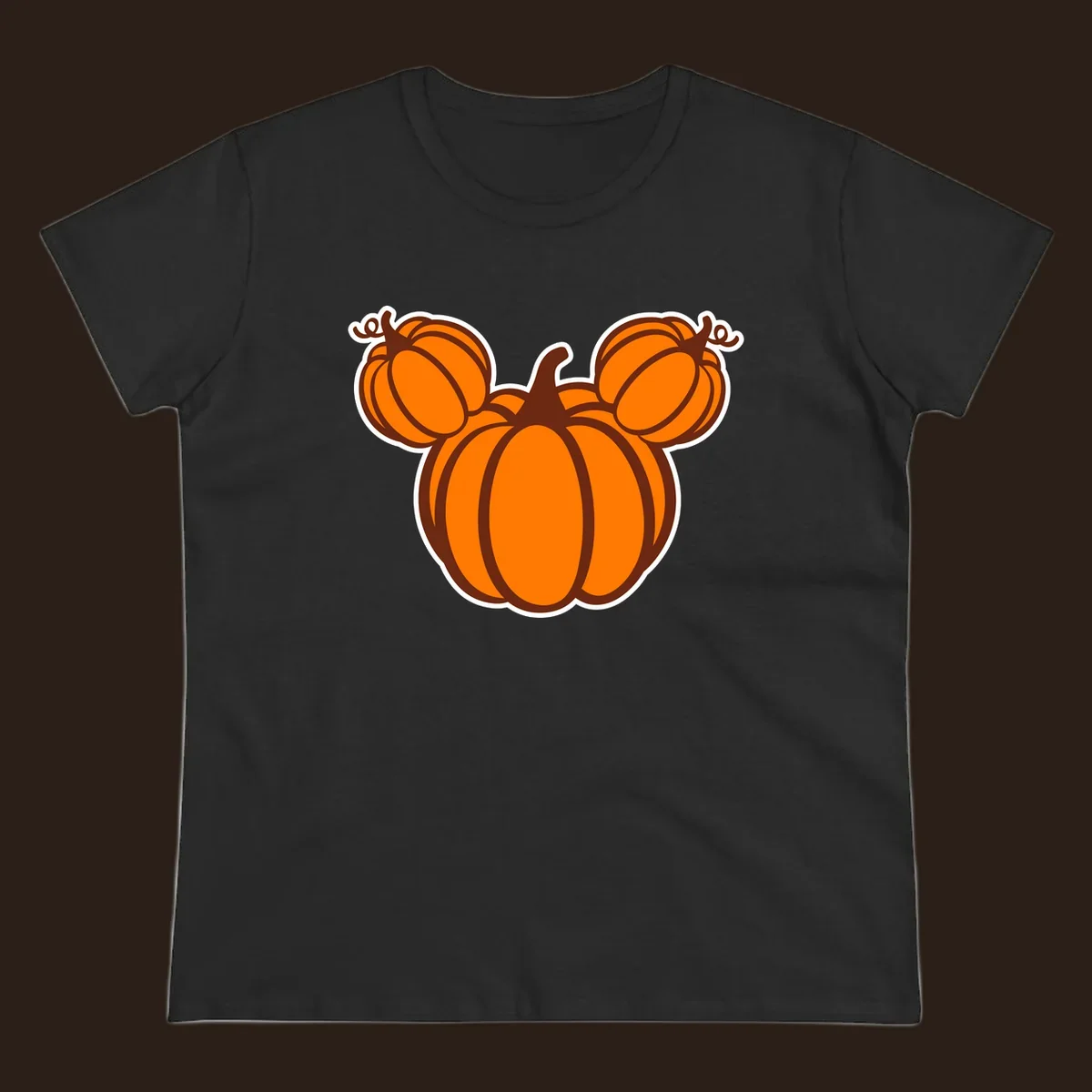 Mickey pumpkin head graphic with orange pumpkins and brown outlines.