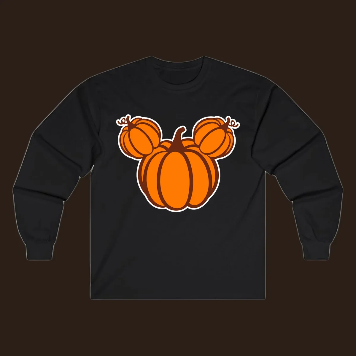 Mickey pumpkin head graphic with orange pumpkins and brown outlines.